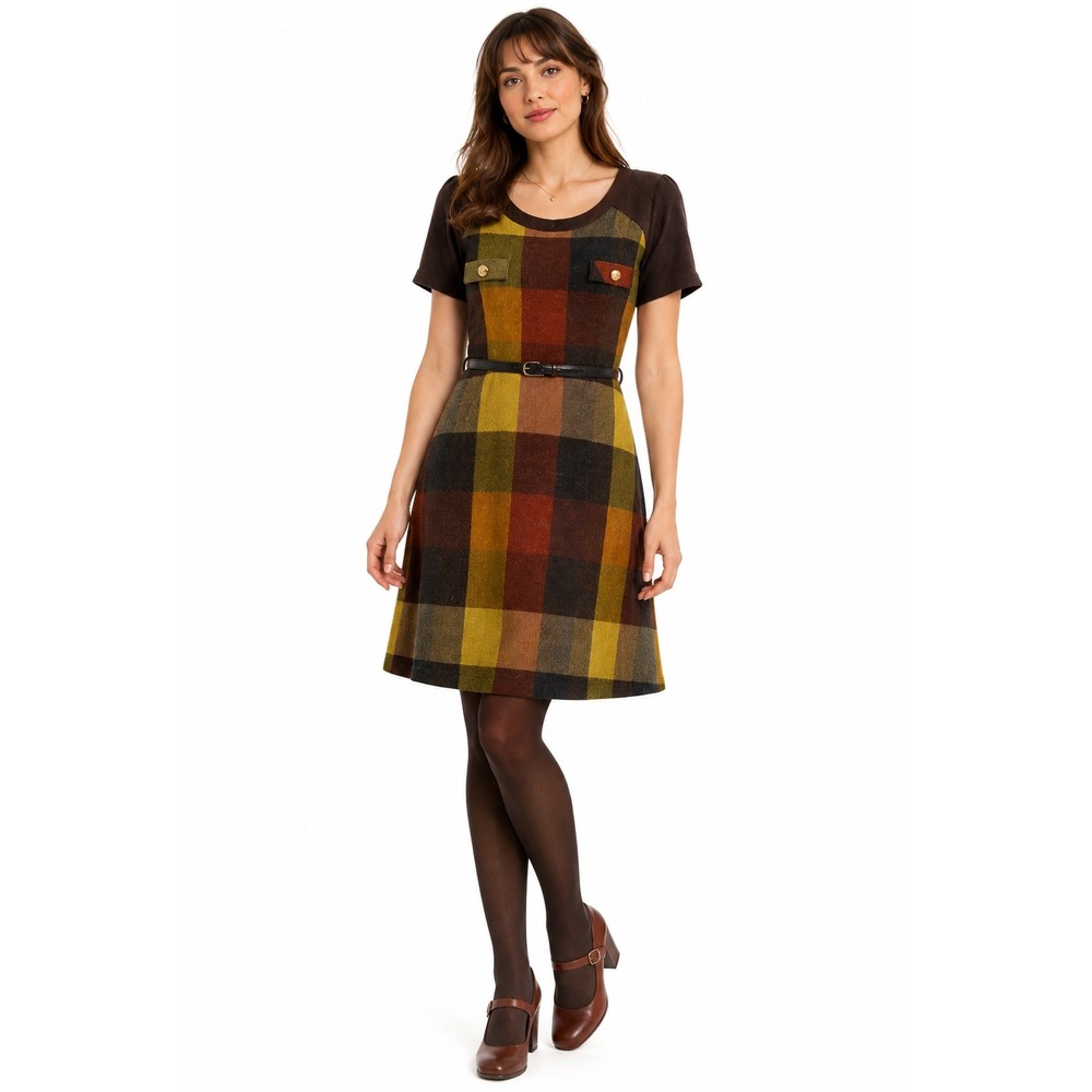 Twee Mod Plaid Belted Dress US 4 Brown Olive Mustard Academia Retro Yumi
